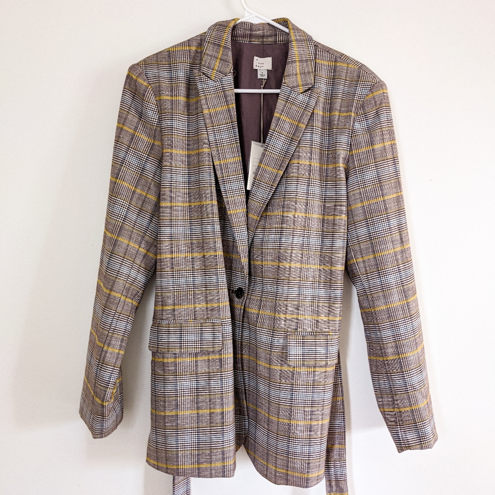 NWT a new day plaid blazer coat button and tie waist